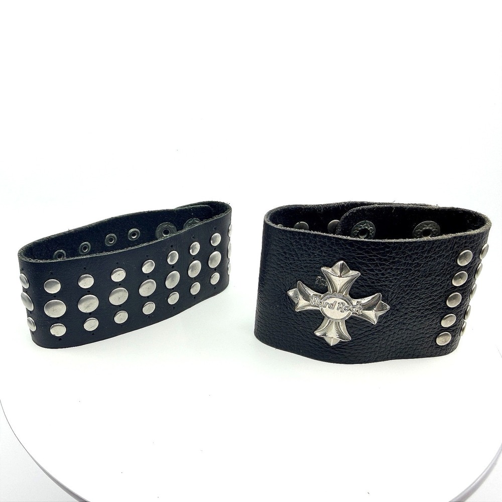 Bracelet Hard Rock Cafe Iron Cross Leather Cuff Black Silver Tone Biker Retro‎